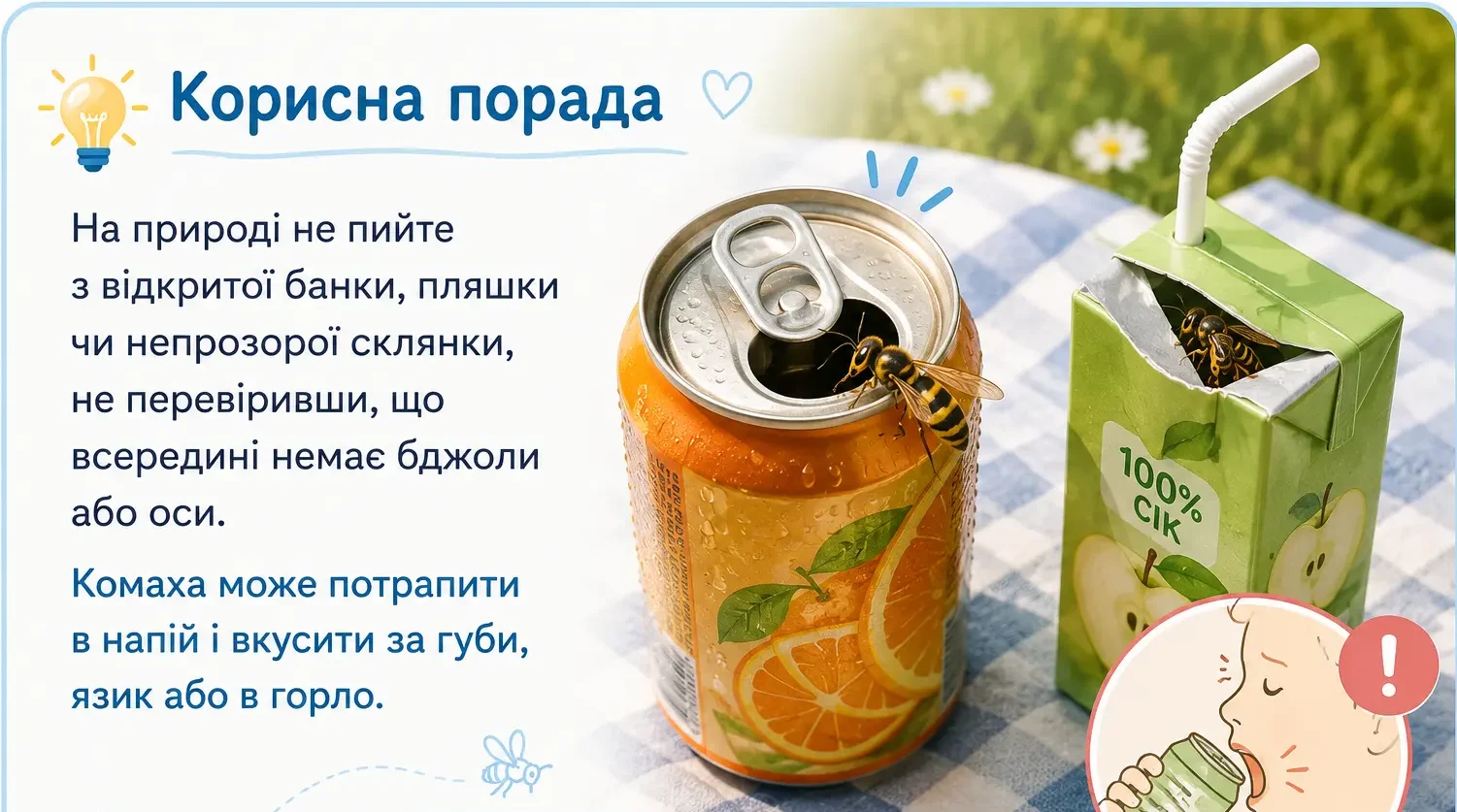 Ілюстрація з відкритою жерстяною банкою та пакетом соку, всередині яких знаходяться бджола й оса. Зображення нагадує перевіряти напої перед тим, як зробити ковток.