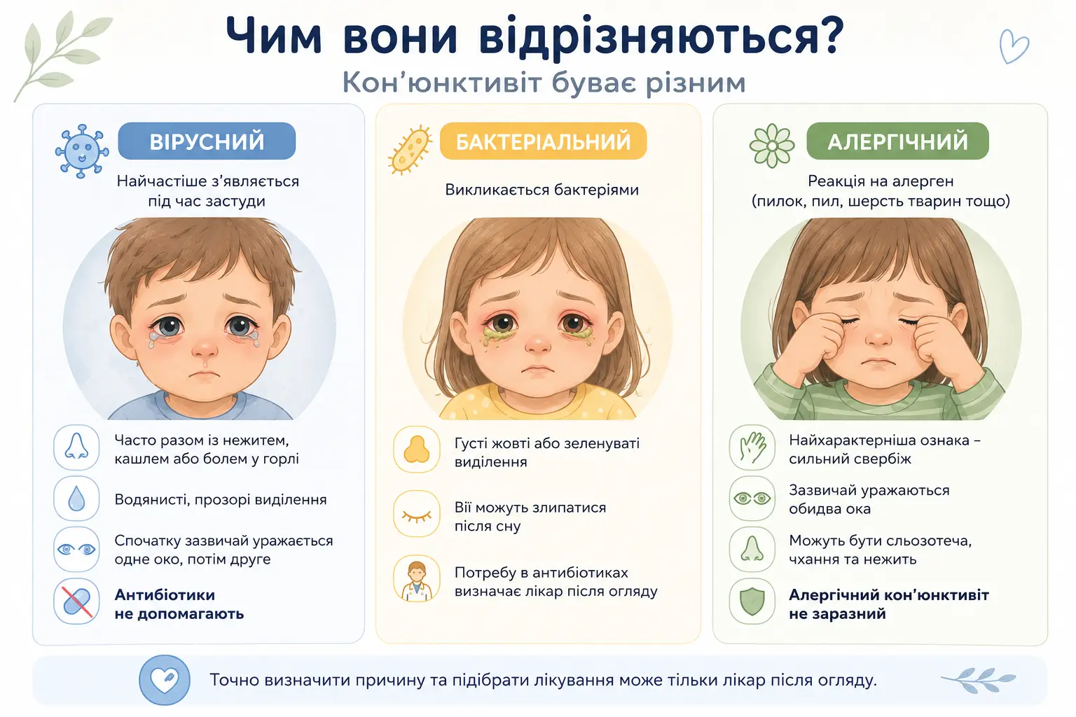 Інфографіка з порівнянням вірусного, бактеріального та алергічного кон'юнктивіту у дітей. Показані характерні симптоми, особливості перебігу та основні відмінності між трьома видами кон'юнктивіту.