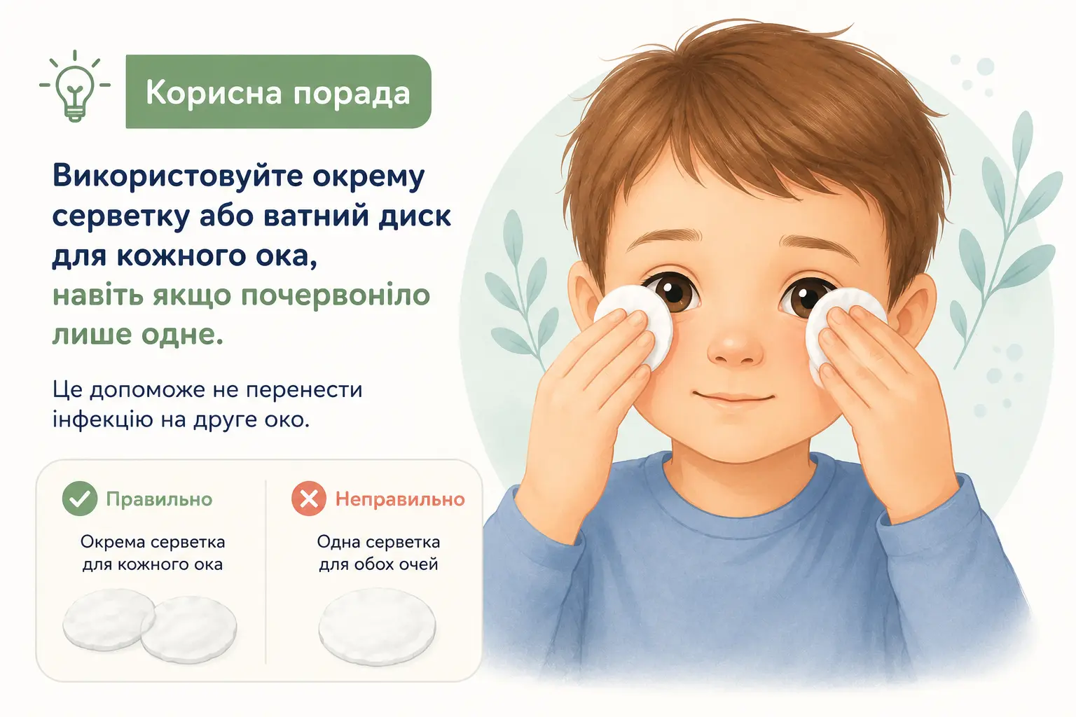Ілюстрація, на якій дитина очищає очі двома окремими ватними дисками. Зображення нагадує використовувати окрему серветку або ватний диск для кожного ока, щоб не перенести інфекцію.