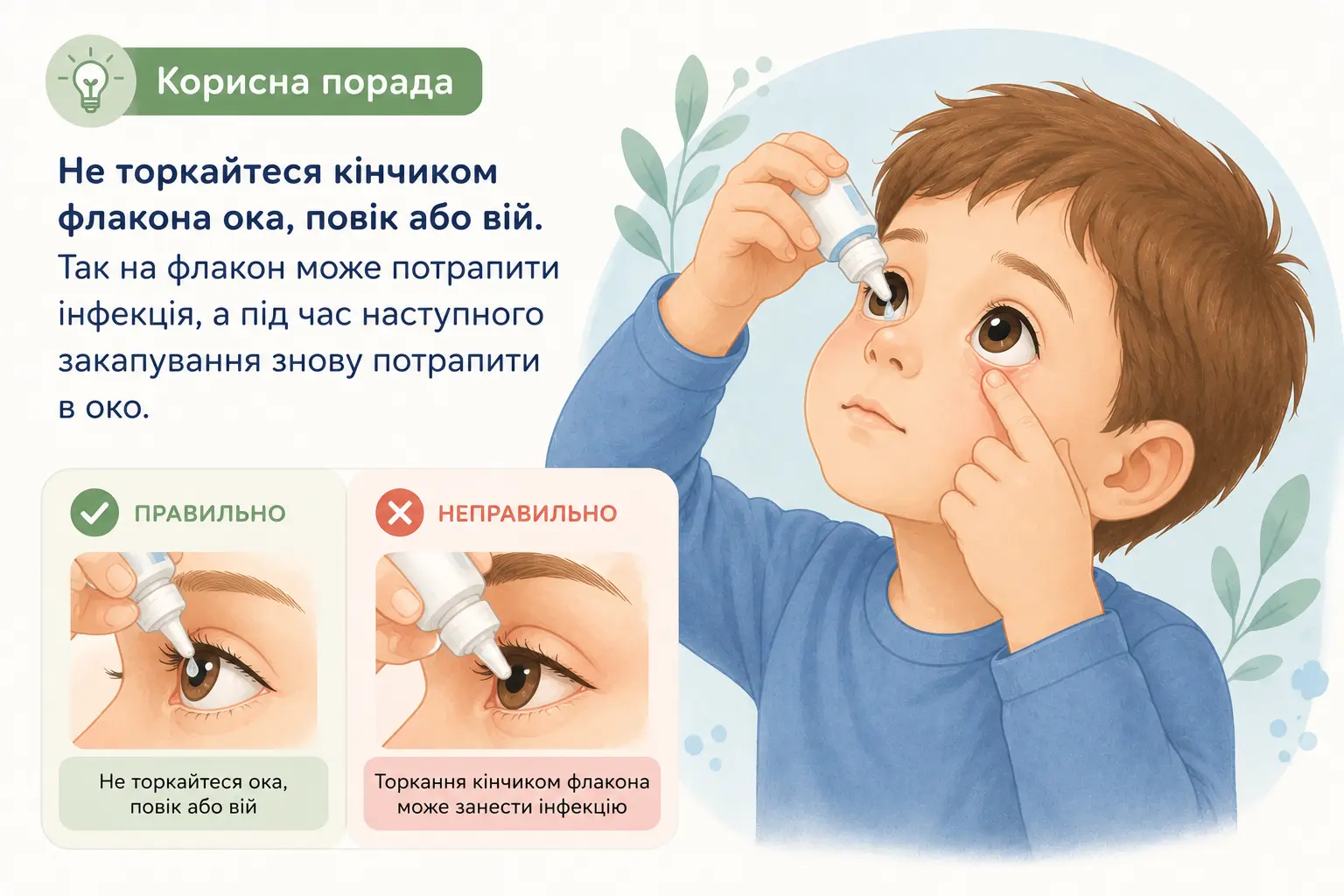 Ілюстрація, на якій дитині правильно закапують очні краплі, не торкаючись кінчиком флакона ока, повік або вій. Зображення нагадує, як уникнути забруднення флакона та повторного занесення інфекції