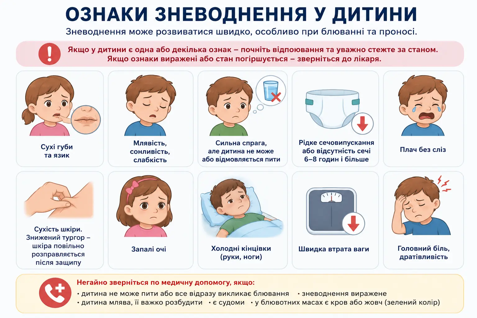 Інфографіка про ознаки зневоднення у дитини: сухі губи, млявість, плач без сліз, рідке сечовипускання та інші симптоми