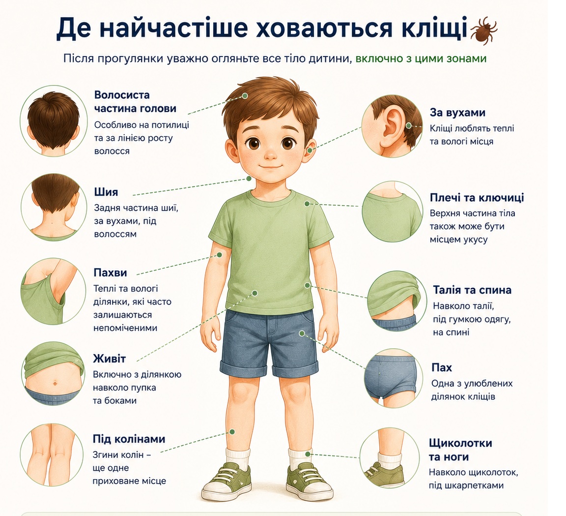 Місця на тілі дитини, де найчастіше ховаються кліщі після прогулянки: голова, шия, за вухами, пахви, живіт, талія, пах і під колінами
